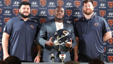 Chicago Bears football guard Jonah Jackson, left, defensive tackle Grady Jarrett, center, and football guard Joe Thuney