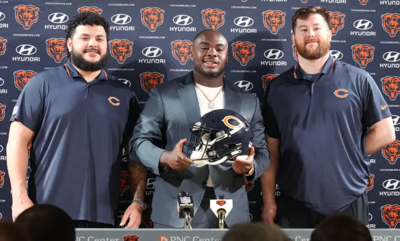 Chicago Bears football guard Jonah Jackson, left, defensive tackle Grady Jarrett, center, and football guard Joe Thuney